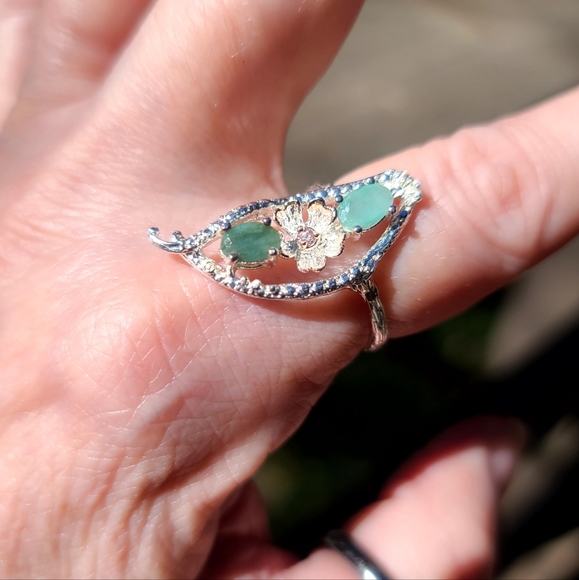 "2 Peas in a Pod" Emerald & Pink Topaz sterling ring sz8 - Picture 3 of 7
